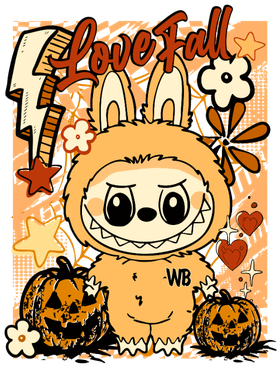 Love Fall design with an orange character and pumpkins.