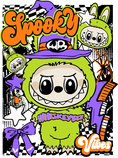 Spooky Vibes design with a lime-green character and purple witch hat.