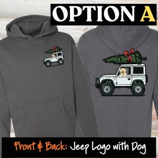 Option A: gray hoodie showing a small front pocket print and a large back print.